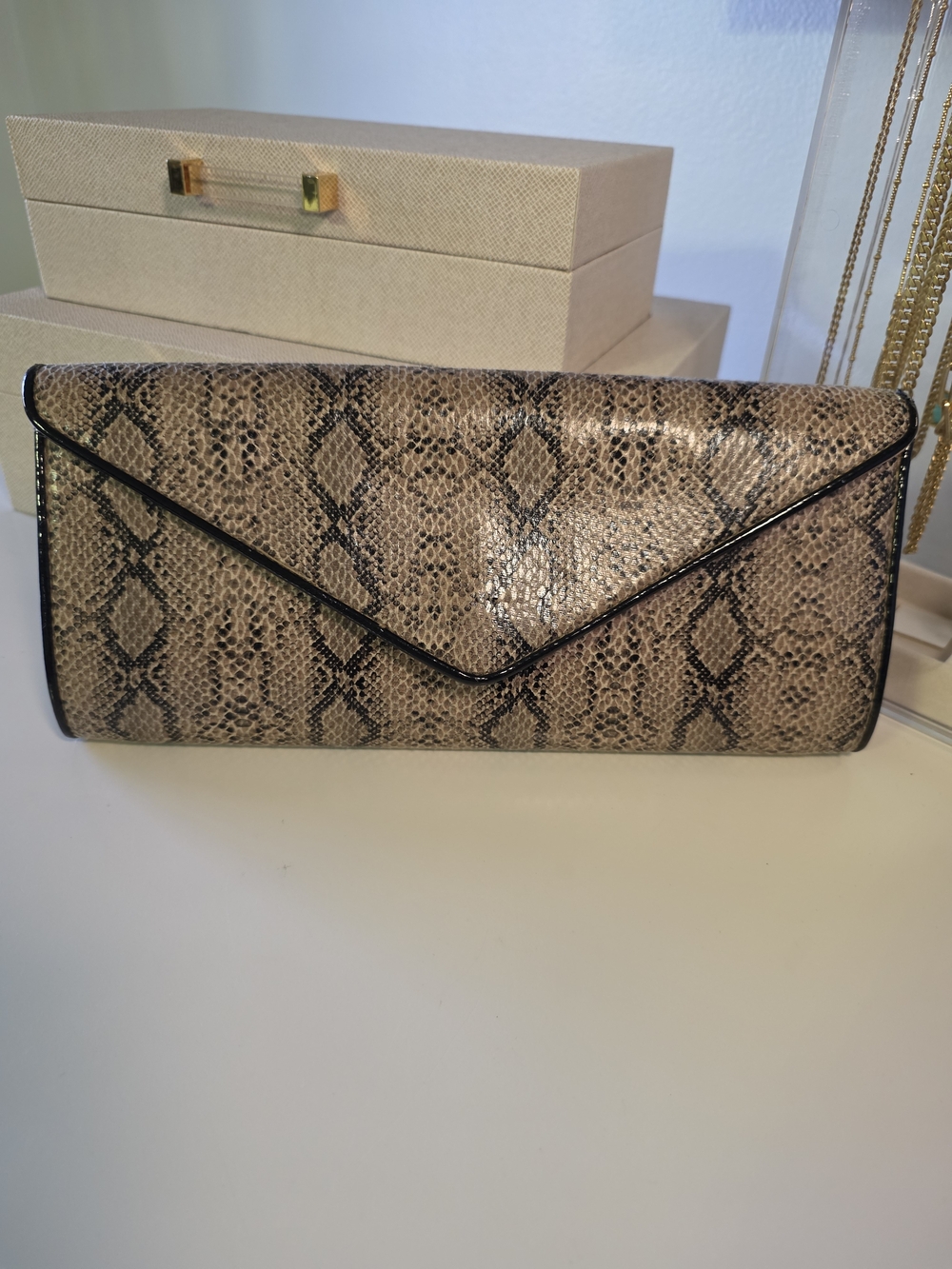 Snake-Embossed Envelope Clutch - Beige